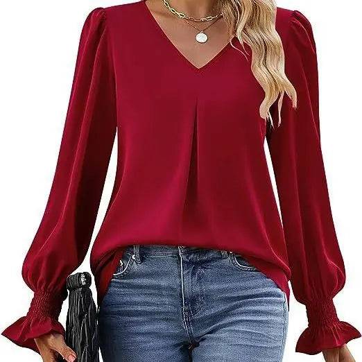 Elegant Loose Fit Chiffon V-Neck Ruffle Top with Lantern Sleeves