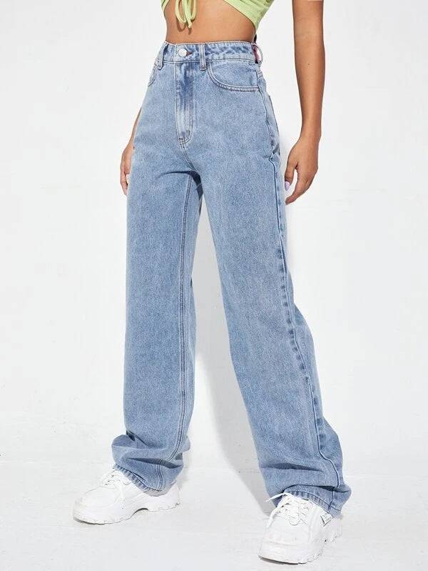 Light Blue Slim Straight Denim Jeans for Women
