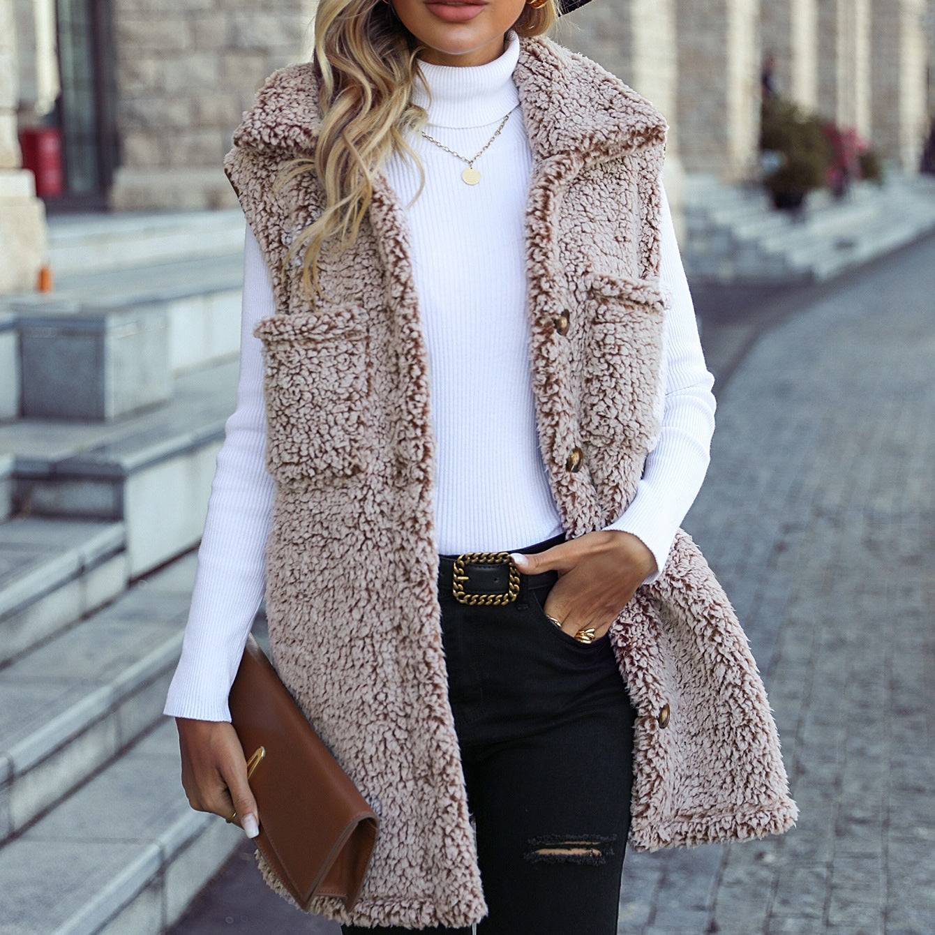 Cozy Collared Sleeveless Velvet Cardigan Vest for Autumn and Winter