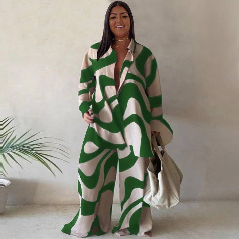 Floral Print Plus Size Suit with Loose-Fit Shirt and Straight Leg Trousers for Women