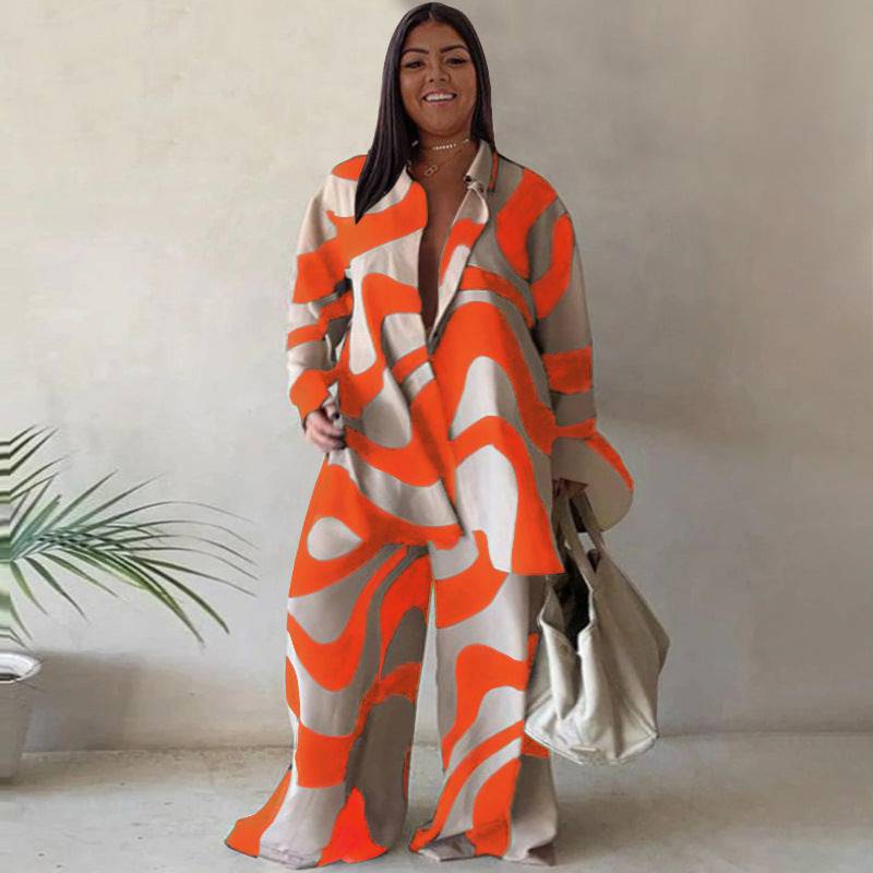 Floral Print Plus Size Suit with Loose-Fit Shirt and Straight Leg Trousers for Women