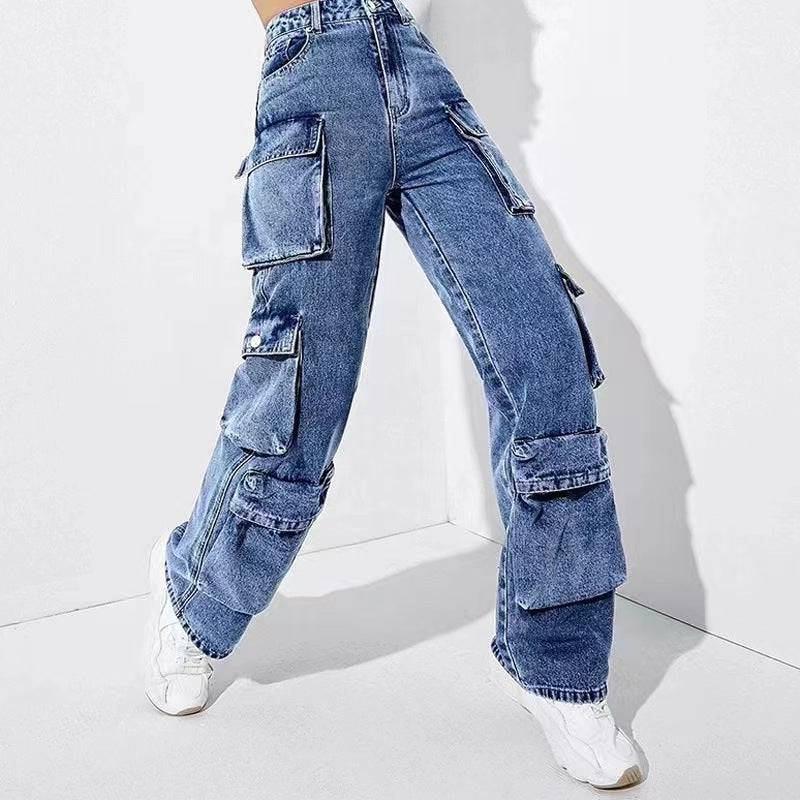 High Waist Denim Overalls with Flap Pockets