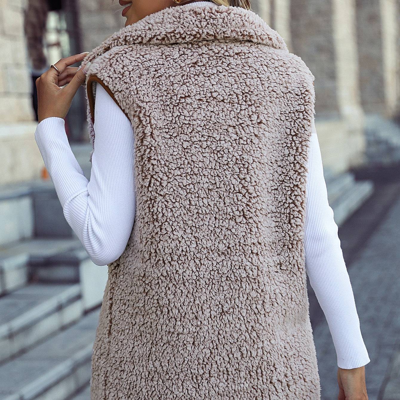Cozy Collared Sleeveless Velvet Cardigan Vest for Autumn and Winter
