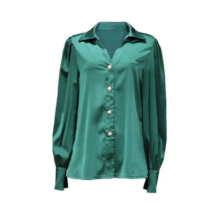 Autumn-Ready Satin Shirt with Elegant Lantern Sleeves for Women