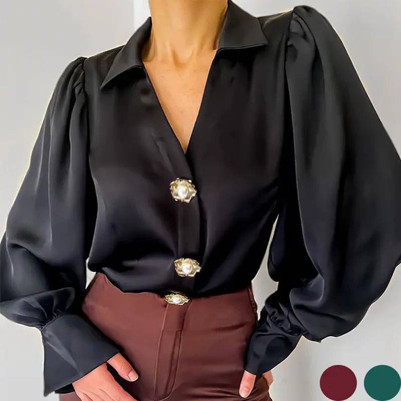 Autumn-Ready Satin Shirt with Elegant Lantern Sleeves for Women