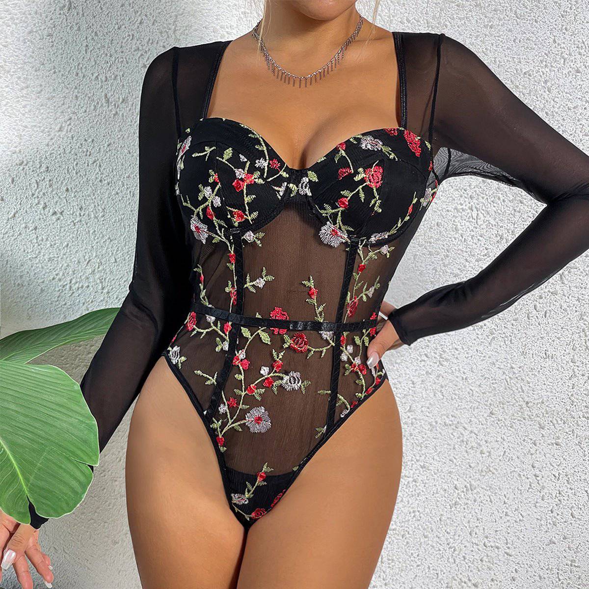 Autumn Vintage Floral Embroidery Mesh Jumpsuit with Steel Waist Detail