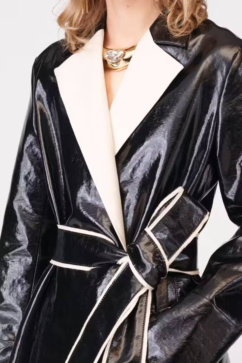 Autumn Winter Faux Leather Color Block Trench Coat with Belt and Pockets