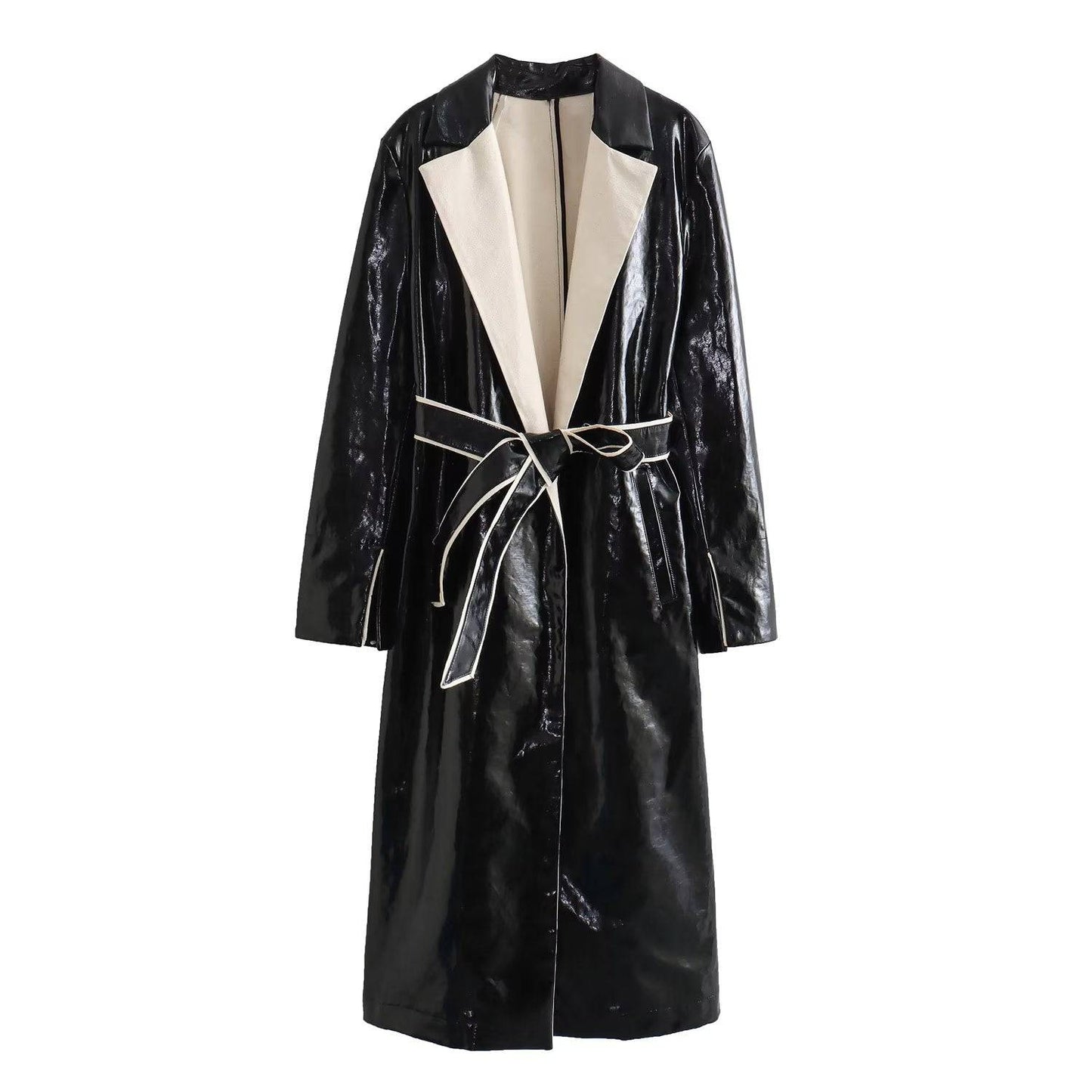 Autumn Winter Faux Leather Color Block Trench Coat with Belt and Pockets S Black