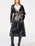 Autumn Winter Faux Leather Color Block Trench Coat with Belt and Pockets