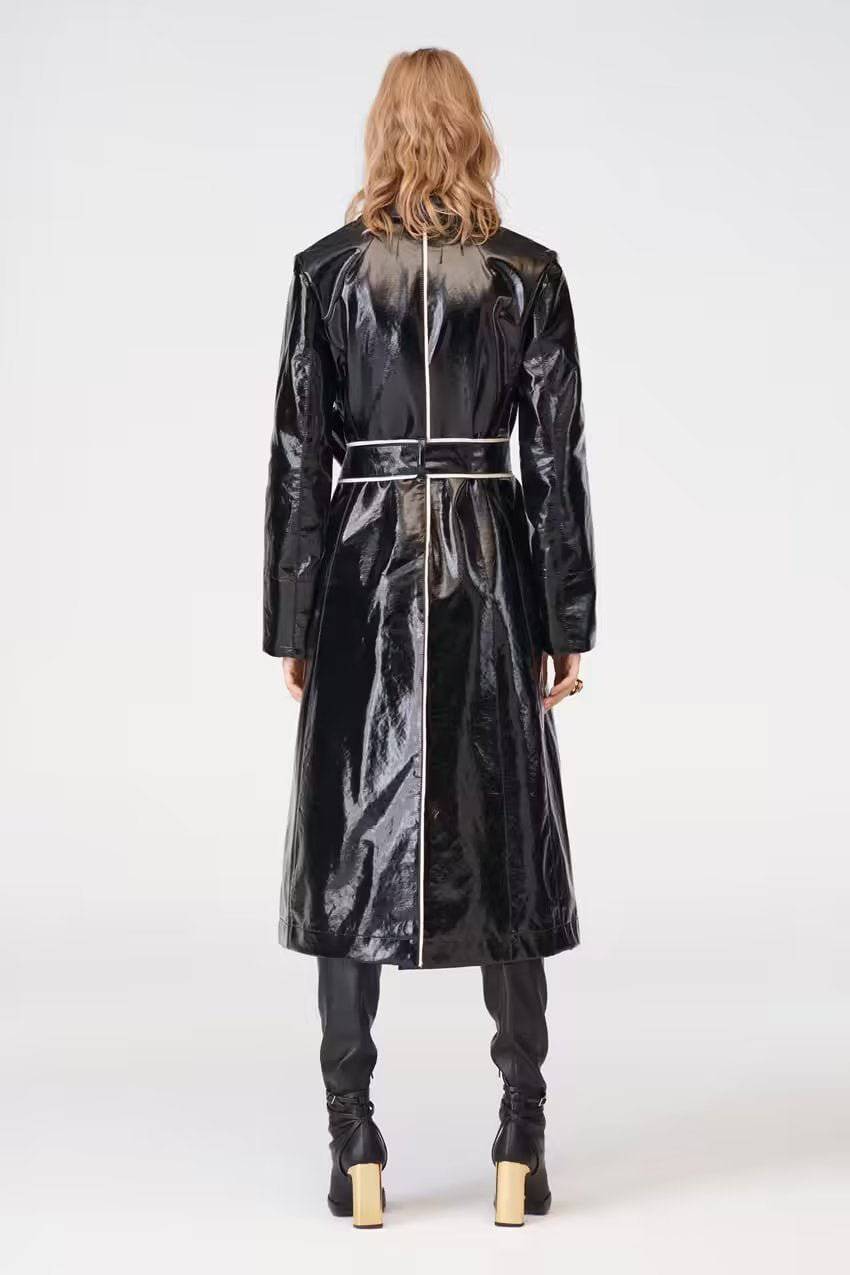 Autumn Winter Faux Leather Color Block Trench Coat with Belt and Pockets