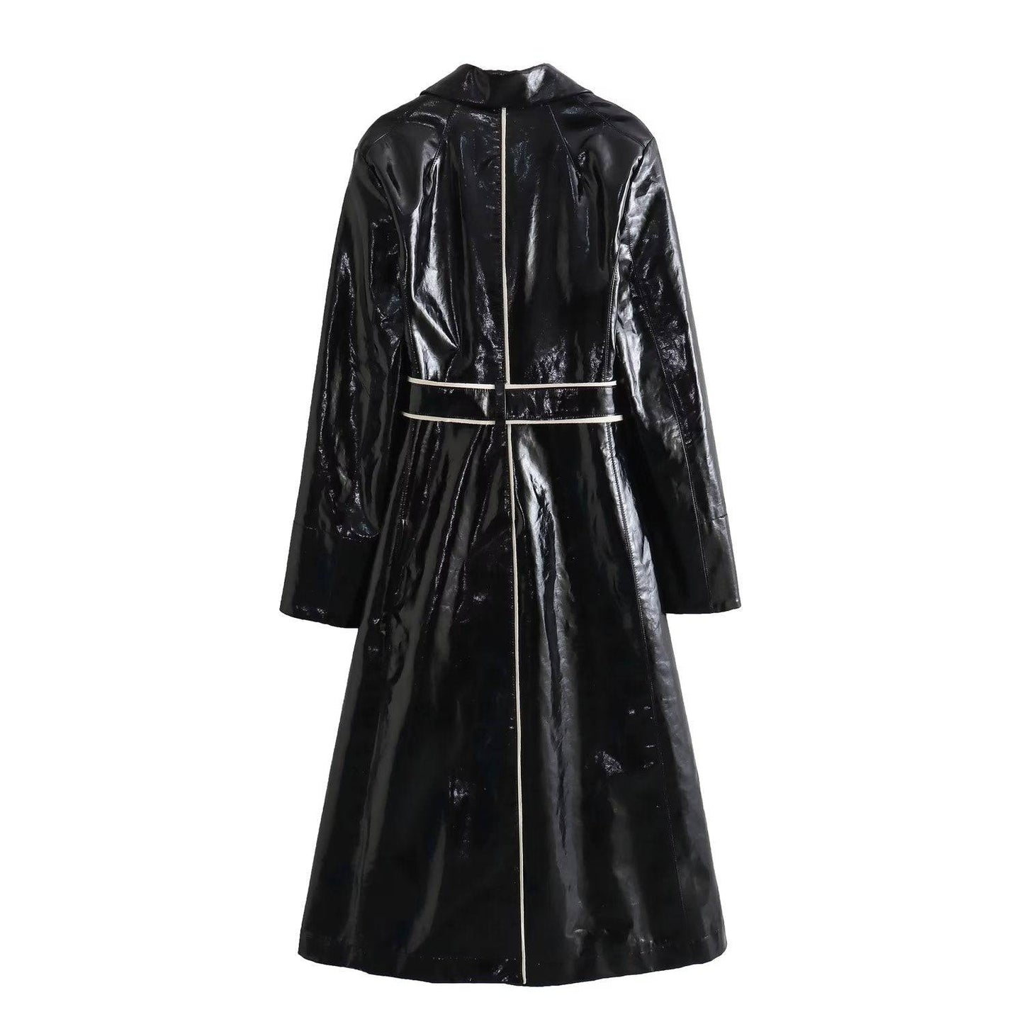 Autumn Winter Faux Leather Color Block Trench Coat with Belt and Pockets