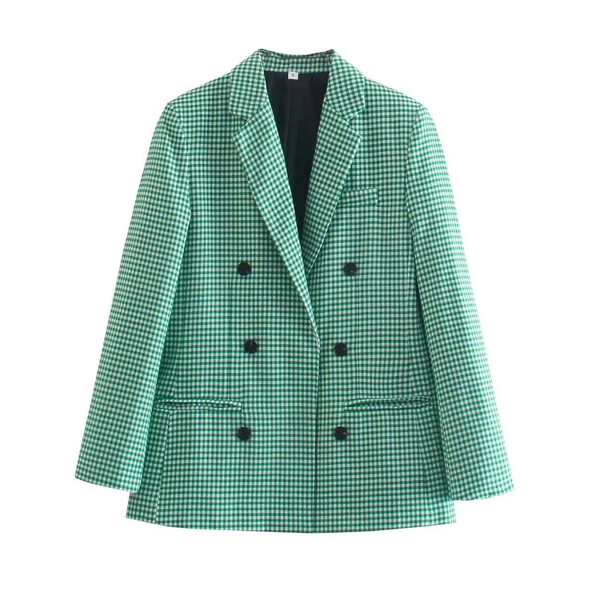 Autumn Winter Vintage Plaid Blazer with Padded Shoulders for Women S Green and White