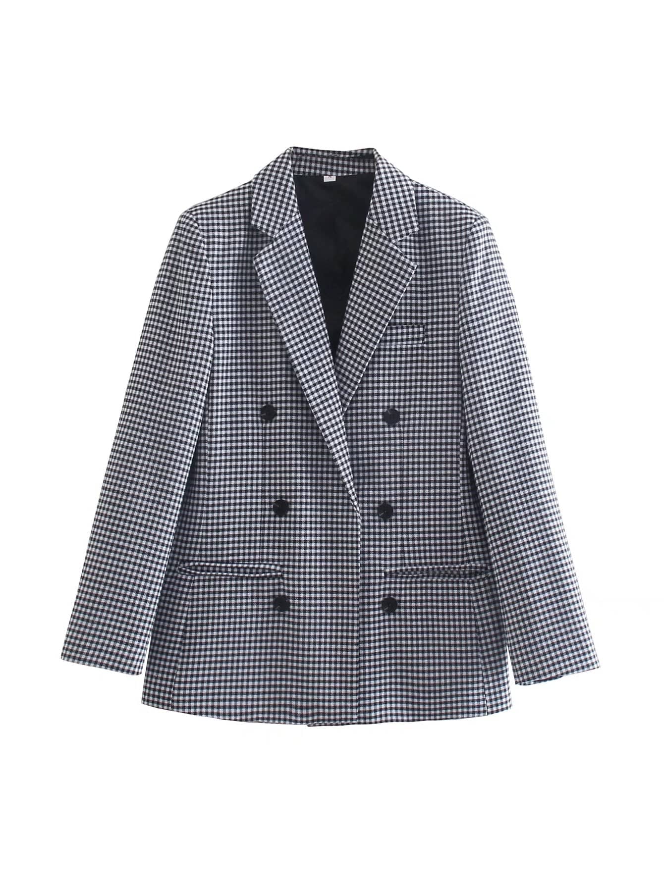 Autumn Winter Vintage Plaid Blazer with Padded Shoulders for Women