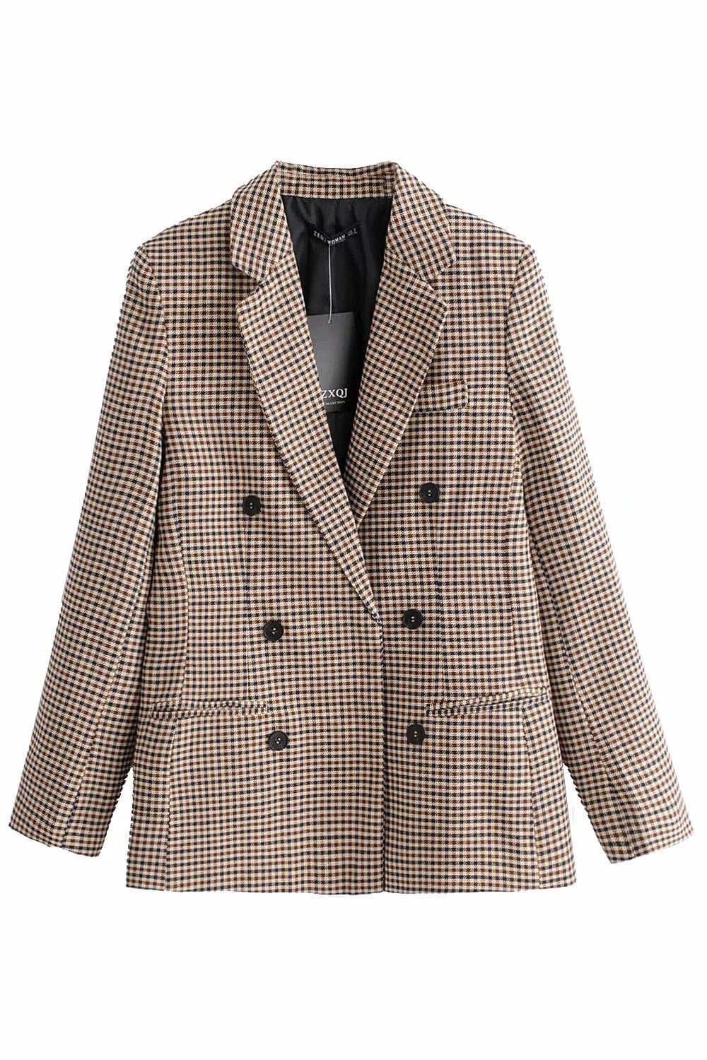 Autumn Winter Vintage Plaid Blazer with Padded Shoulders for Women S Khaki Plaid