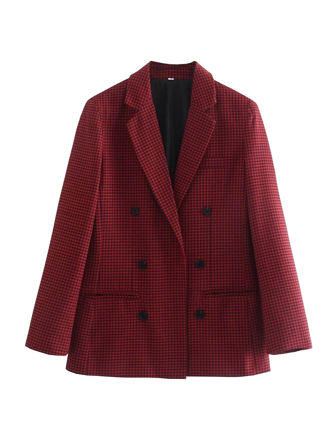 Autumn Winter Vintage Plaid Blazer with Padded Shoulders for Women S Black and Red