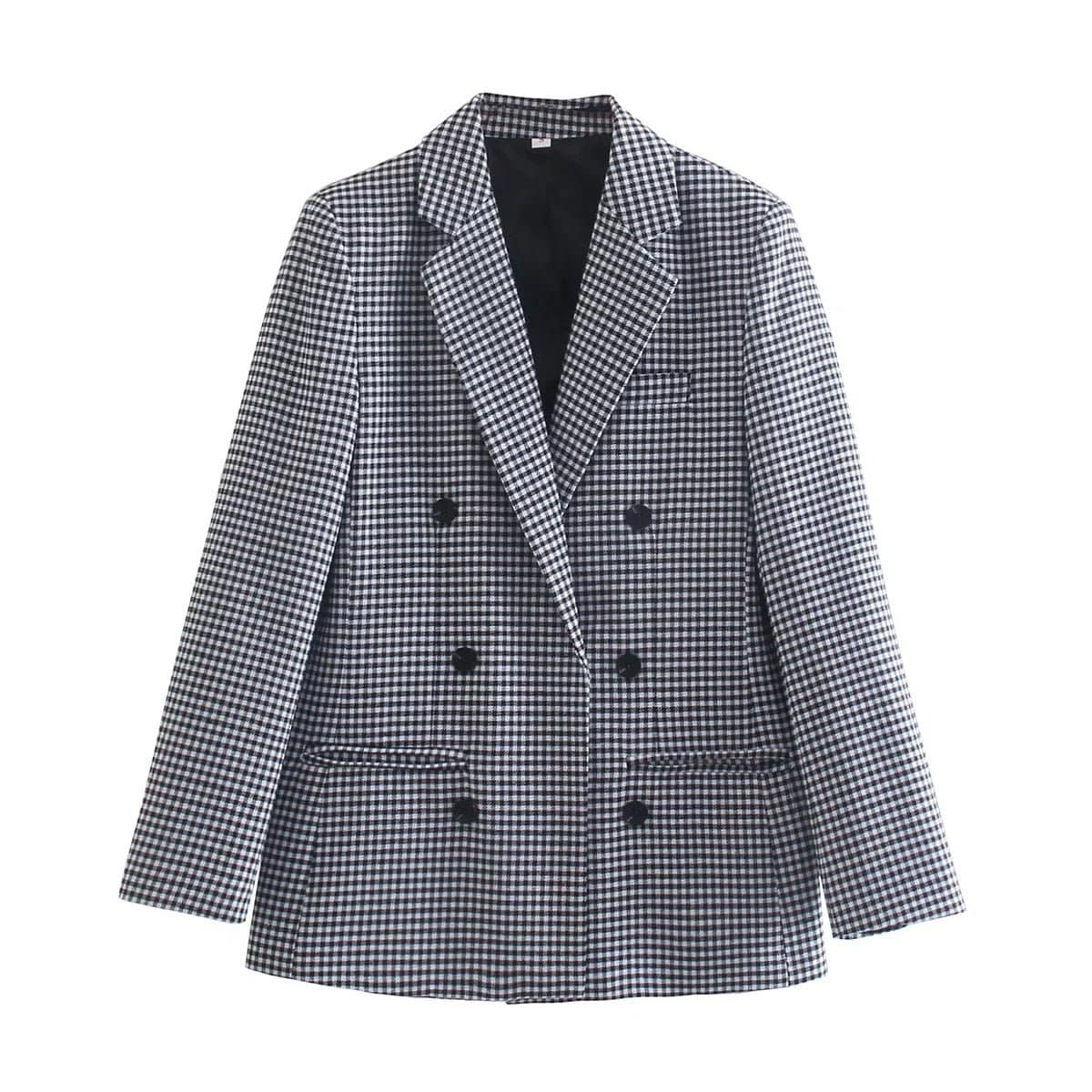 Autumn Winter Vintage Plaid Blazer with Padded Shoulders for Women S Black White