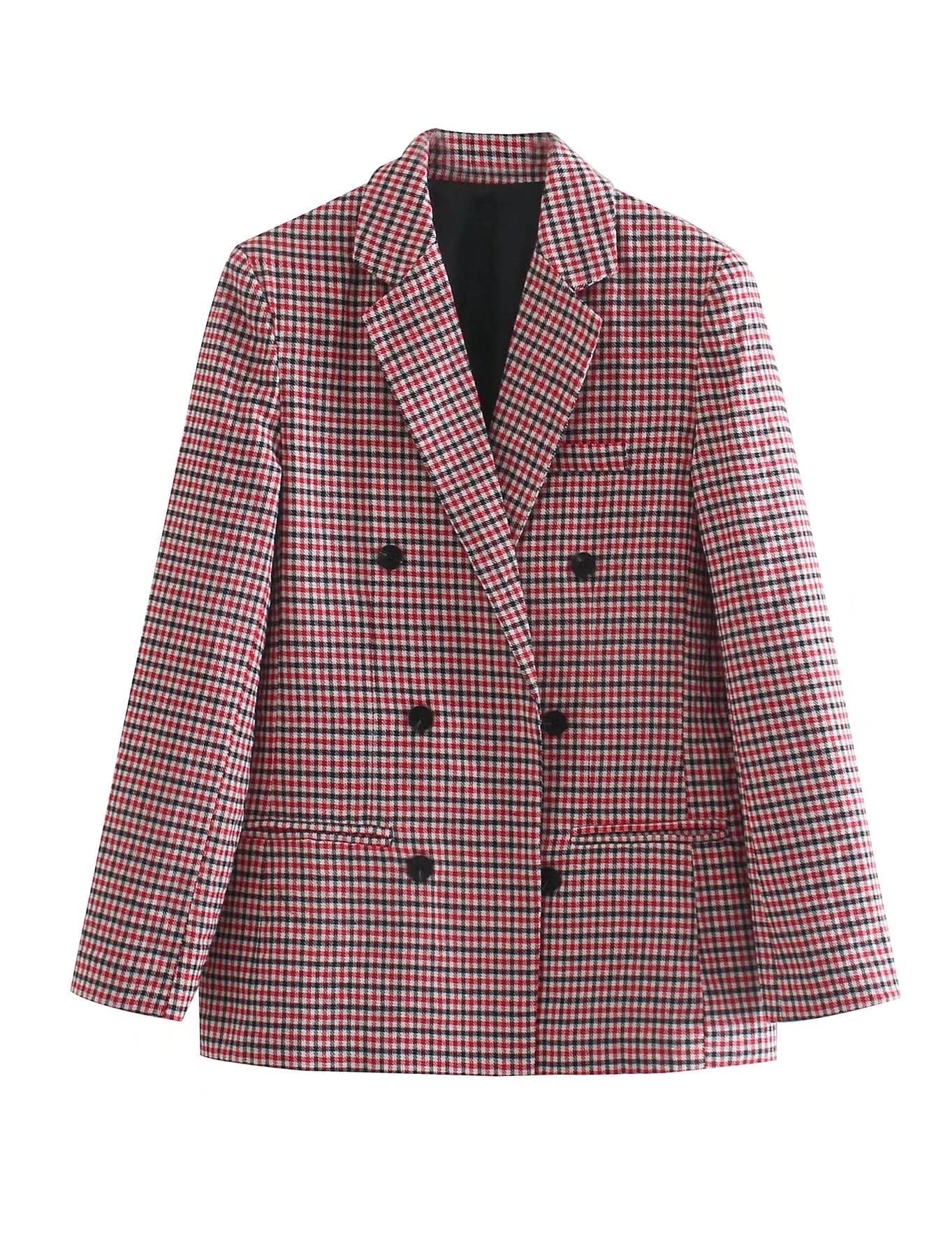 Autumn Winter Vintage Plaid Blazer with Padded Shoulders for Women