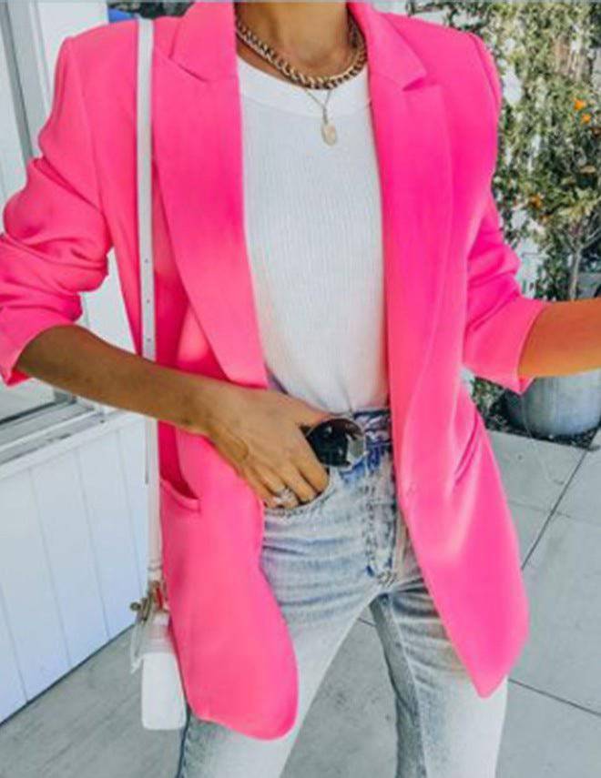 Autumn Winter Women's Solid Color Collared Long Sleeve Small Blazer S Coral Red