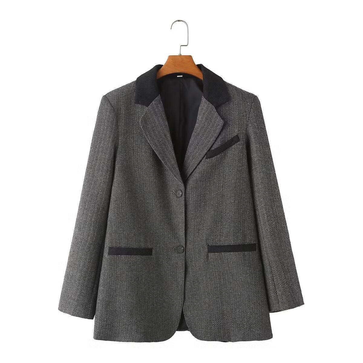 Autumn Women's Herringbone Loose Blazer in Solid Color S Dark Grey