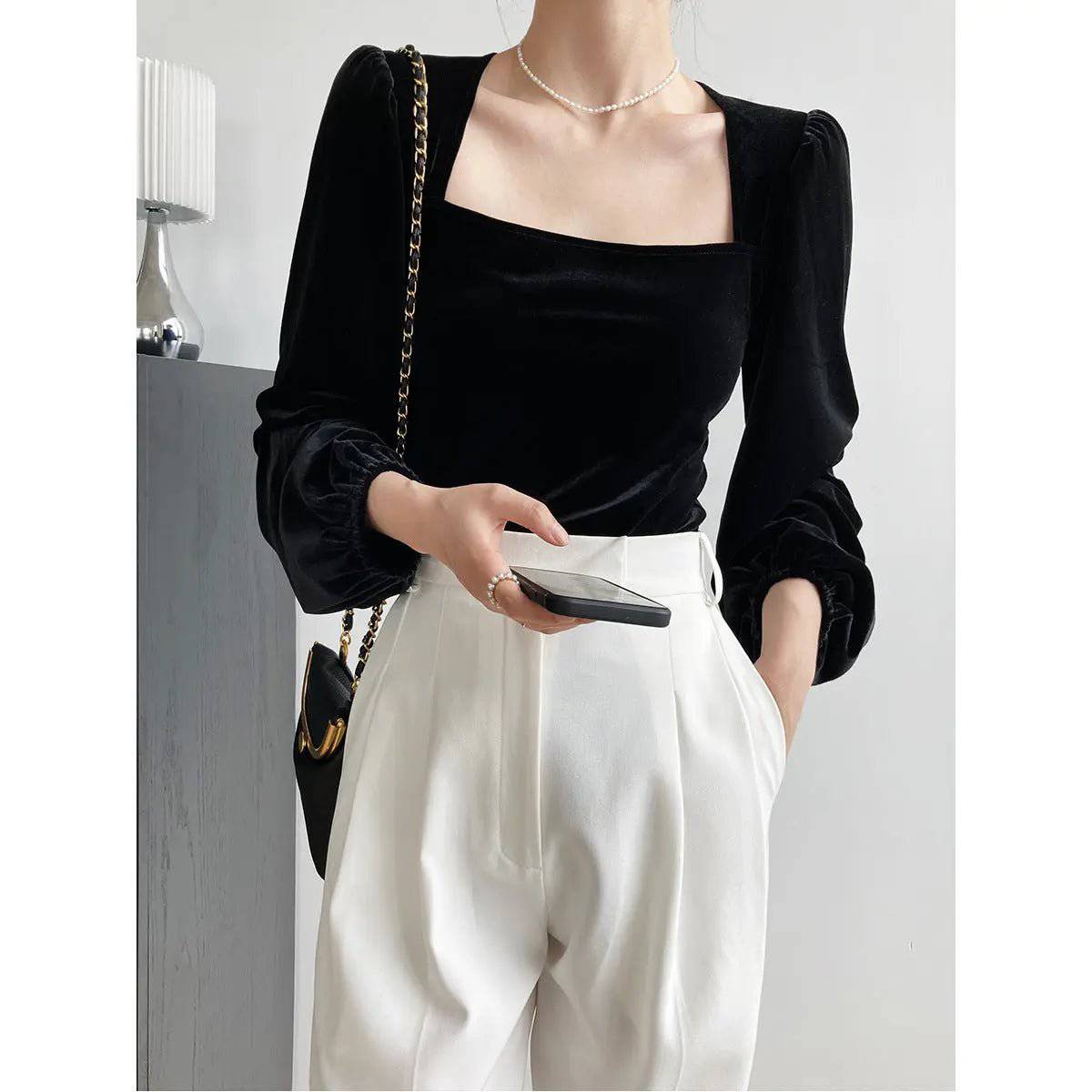 Black Velvet Off-Shoulder Puff Sleeve Shirt for Women