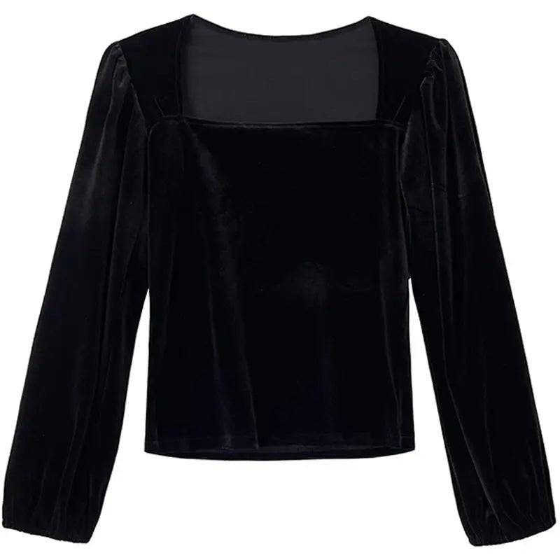 Black Velvet Off-Shoulder Puff Sleeve Shirt for Women