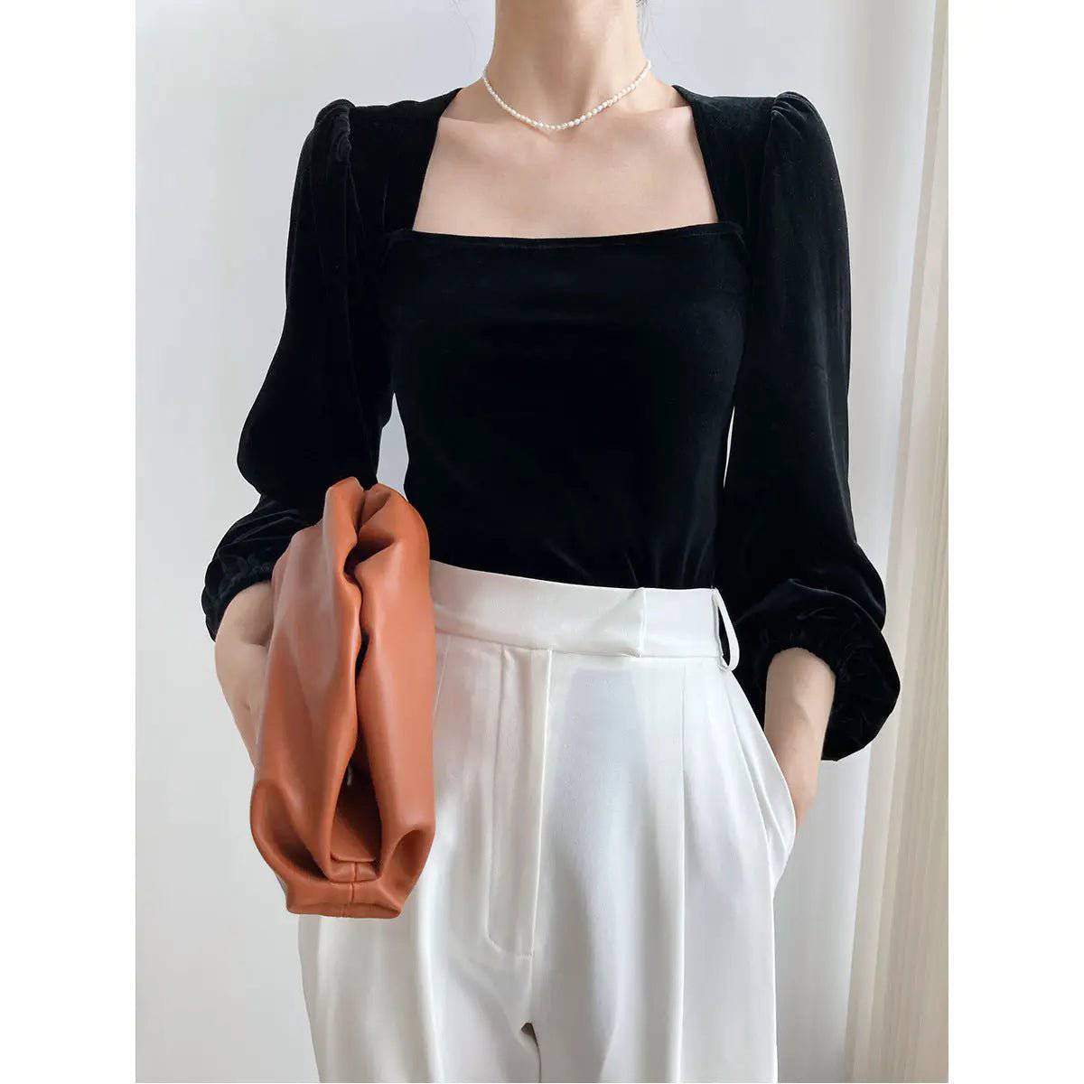 Black Velvet Off-Shoulder Puff Sleeve Shirt for Women