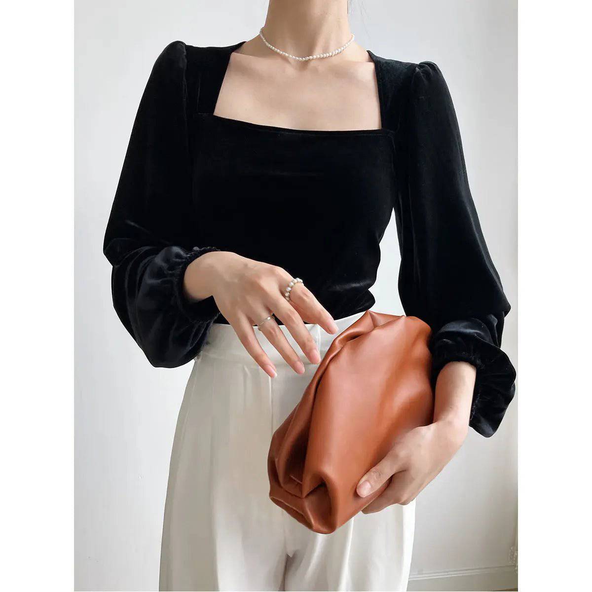 Black Velvet Off-Shoulder Puff Sleeve Shirt for Women