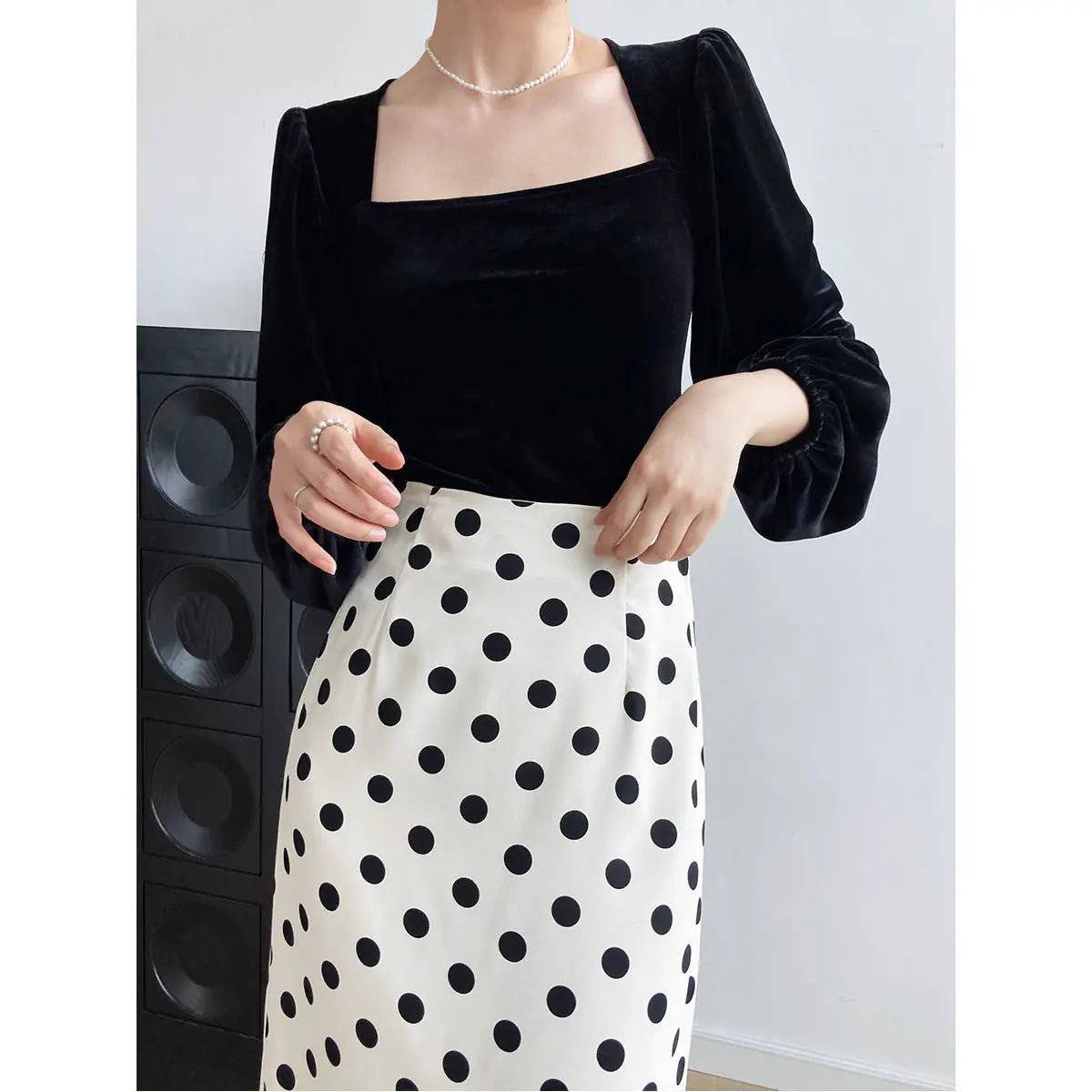 Black Velvet Off-Shoulder Puff Sleeve Shirt for Women