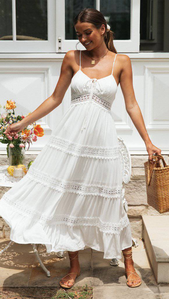 Bohemian V-Neck Sundress with Ruffle Lace Detail