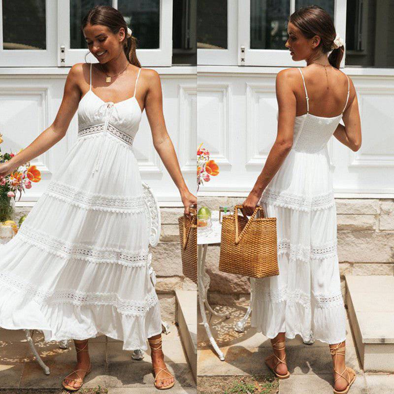 Bohemian V-Neck Sundress with Ruffle Lace Detail S White