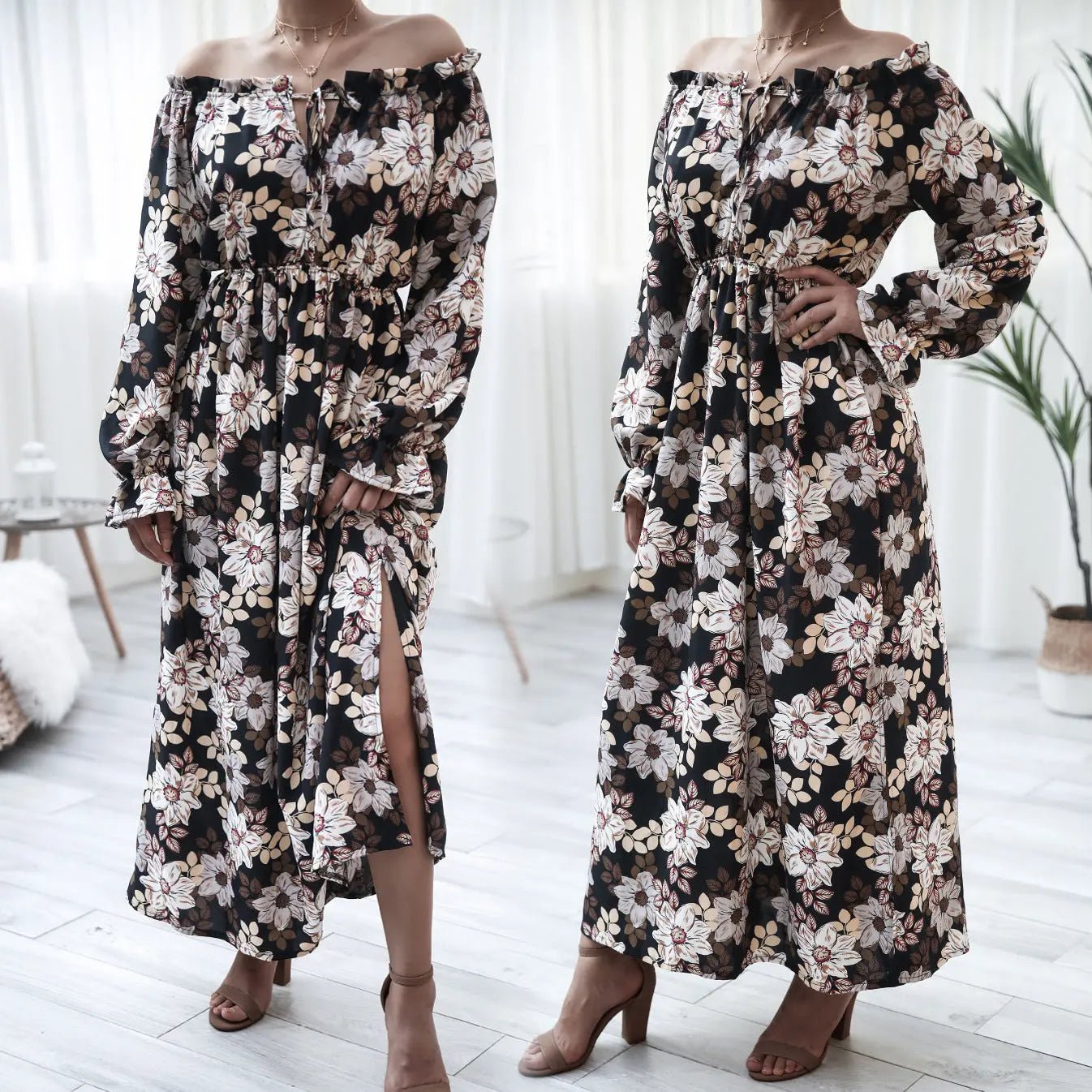 Boho Chic Floral A-Line Vacation Dress with Bell Sleeves S Black