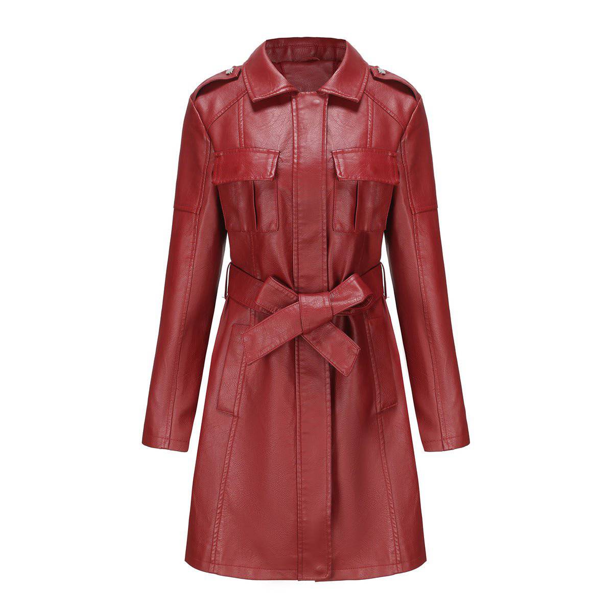British Style Mid Length Leather Coat for Women S Burgundy
