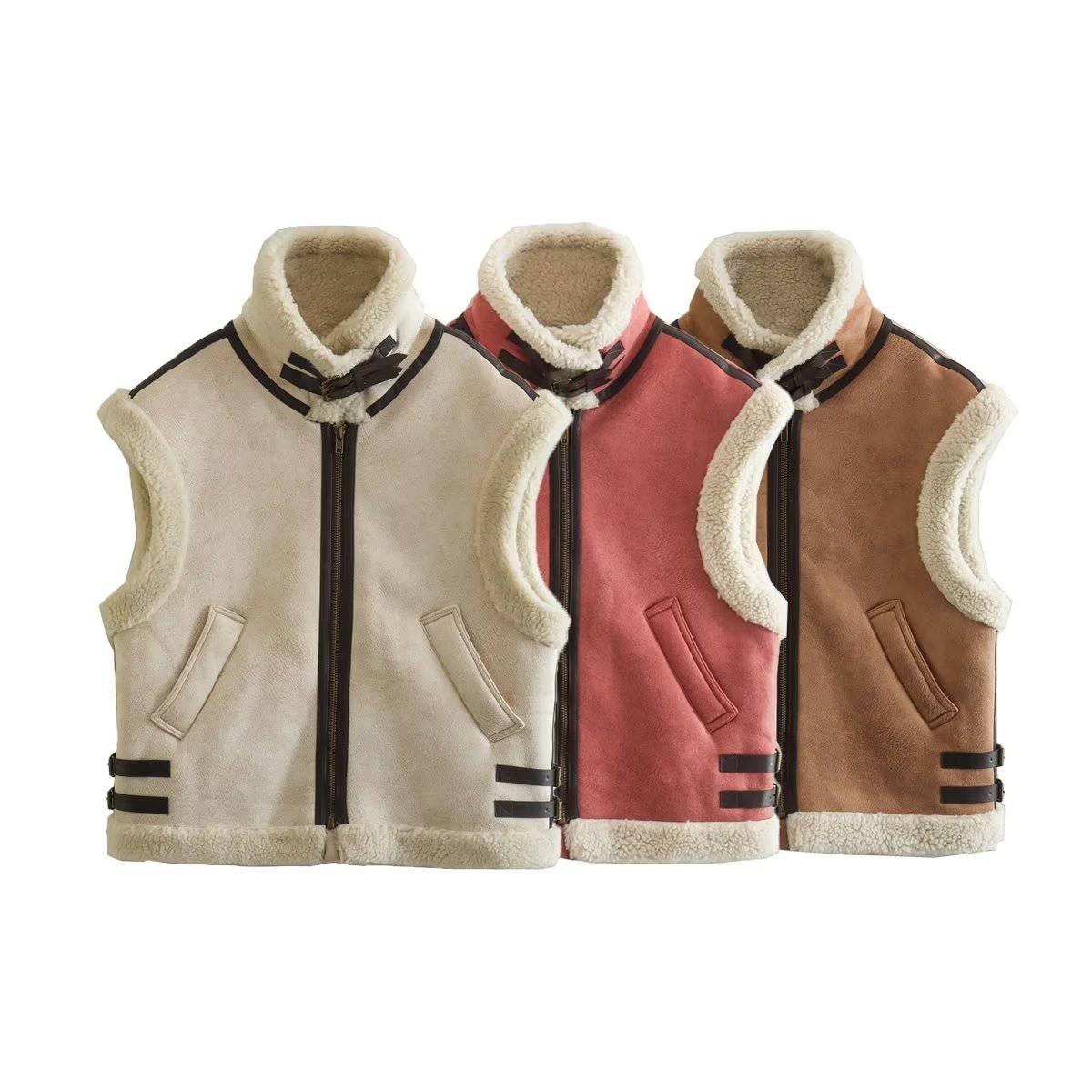 Brown Faux Shearling Vest with Stylish Fur Collar