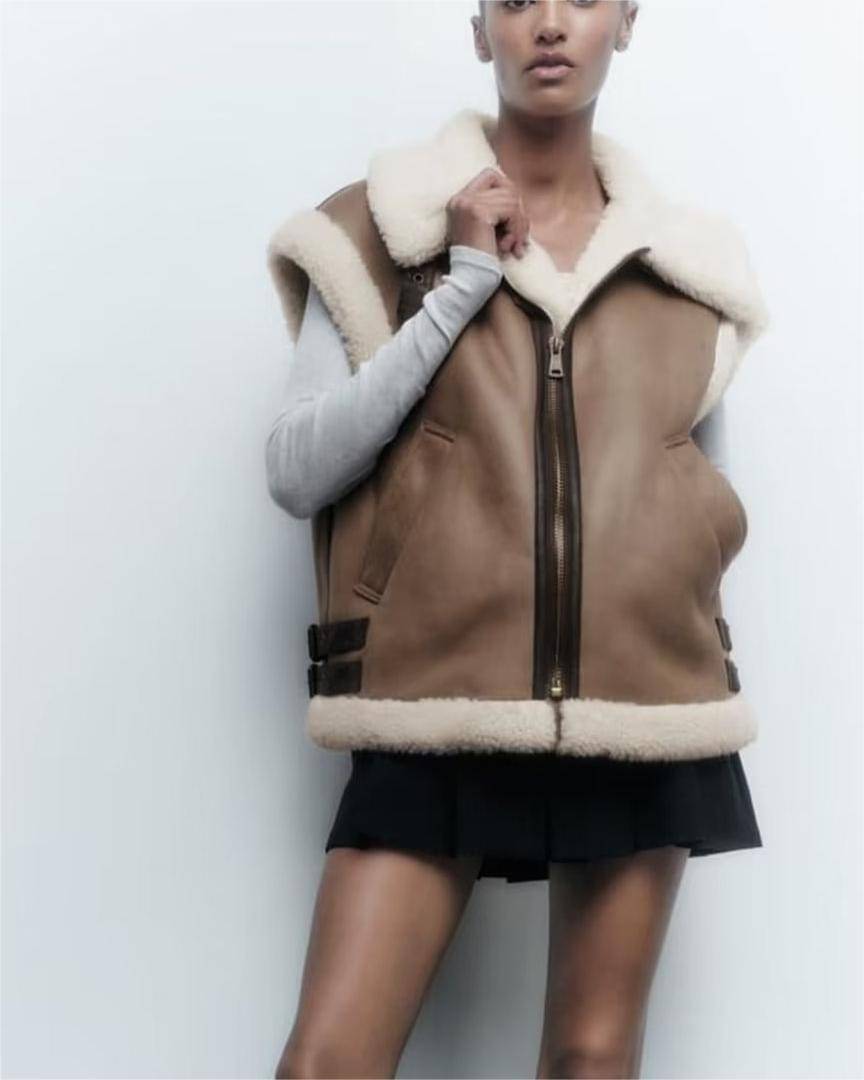 Brown Faux Shearling Vest with Stylish Fur Collar
