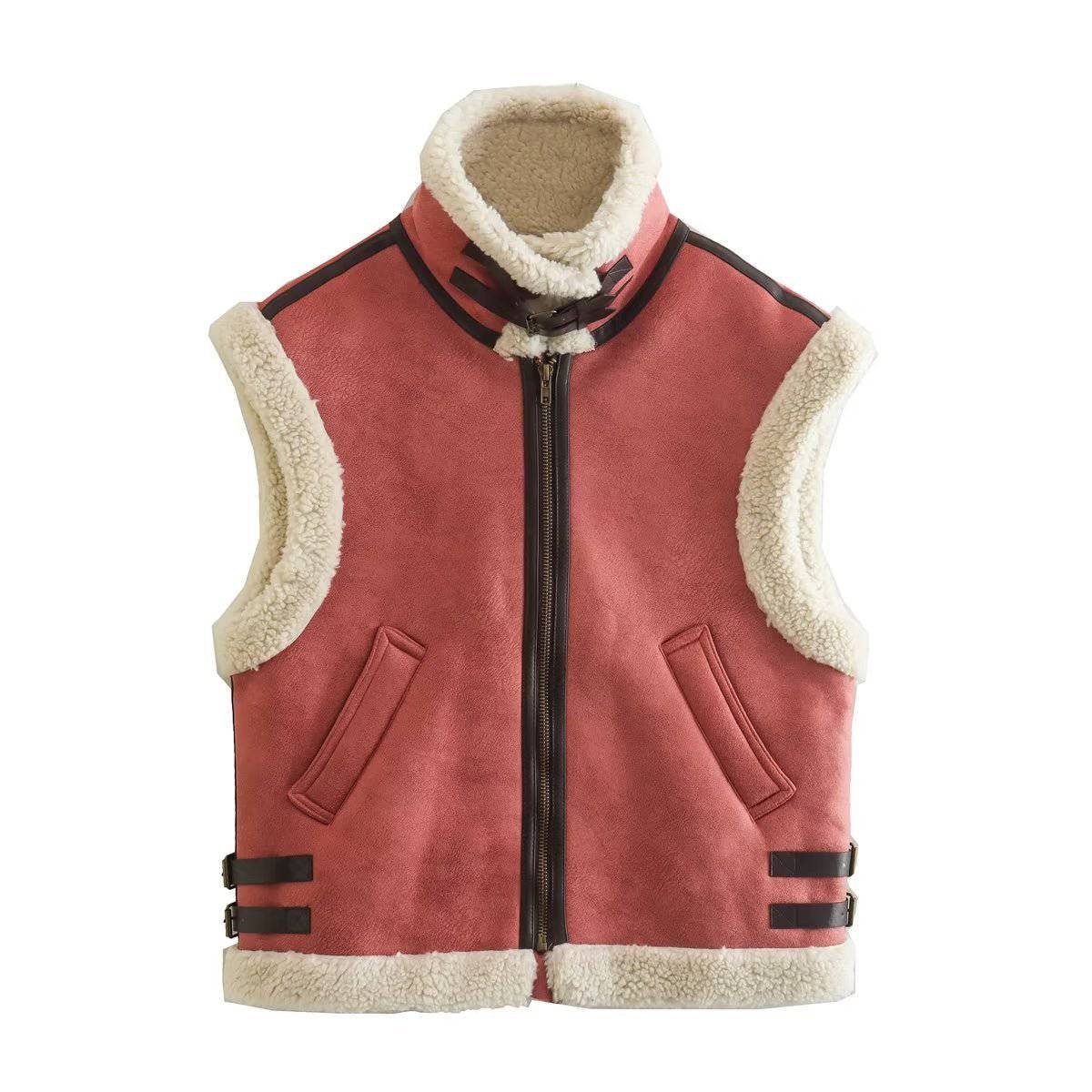 Brown Faux Shearling Vest with Stylish Fur Collar S Pink