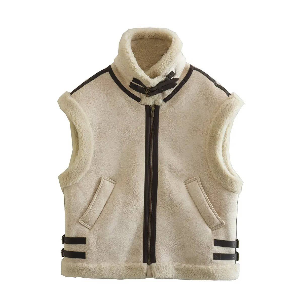 Brown Faux Shearling Vest with Stylish Fur Collar S Light Apricot
