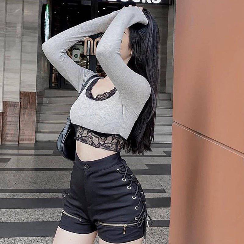 Captivating Lace Patchwork Long Sleeve Crop Top for Women