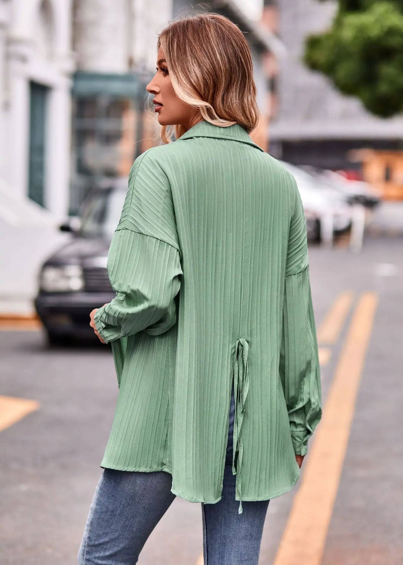 Casual Double Line Jacquard Loose Fitting Long Sleeve Shirt for Women