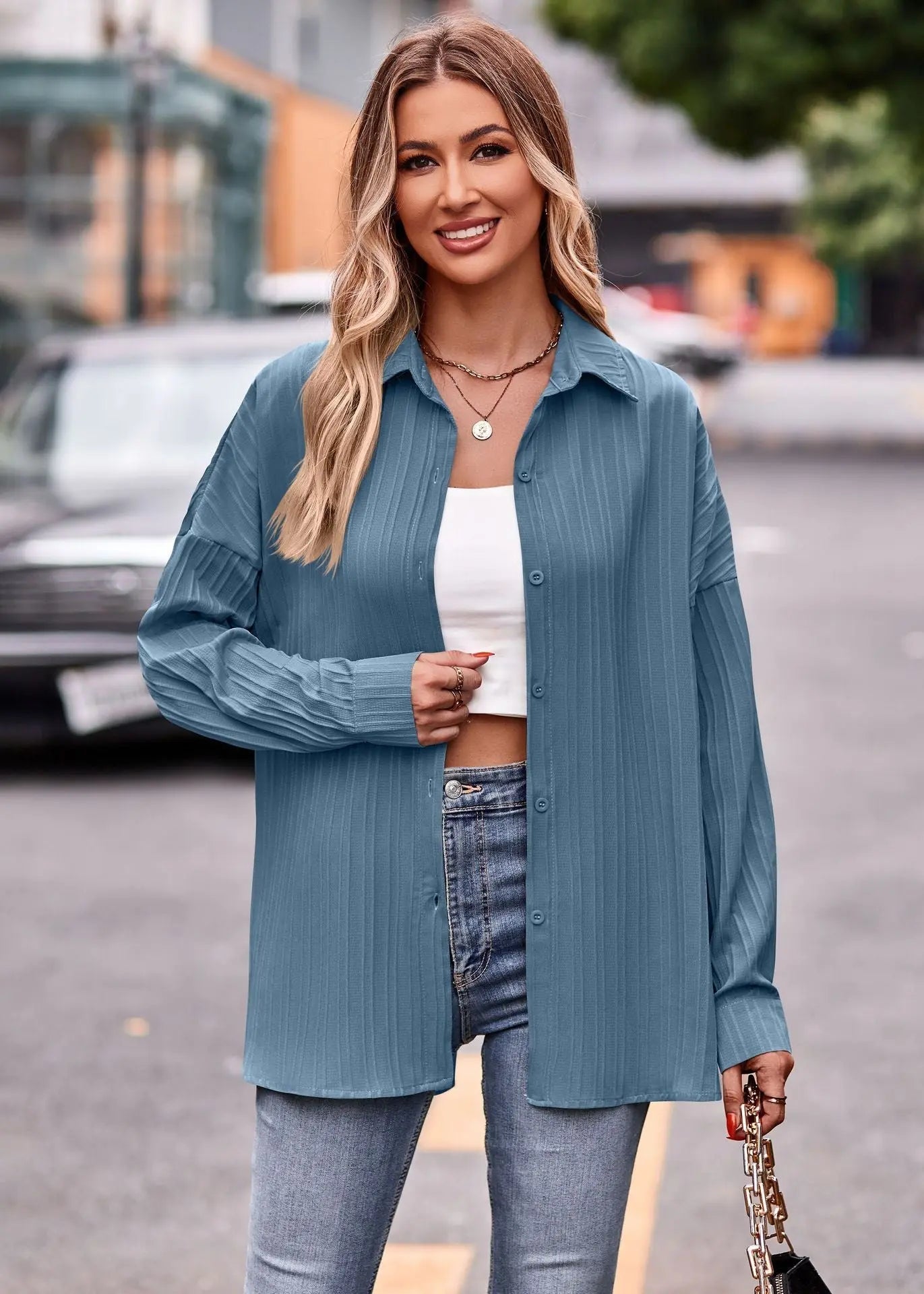 Casual Double Line Jacquard Loose Fitting Long Sleeve Shirt for Women S Fog Blue