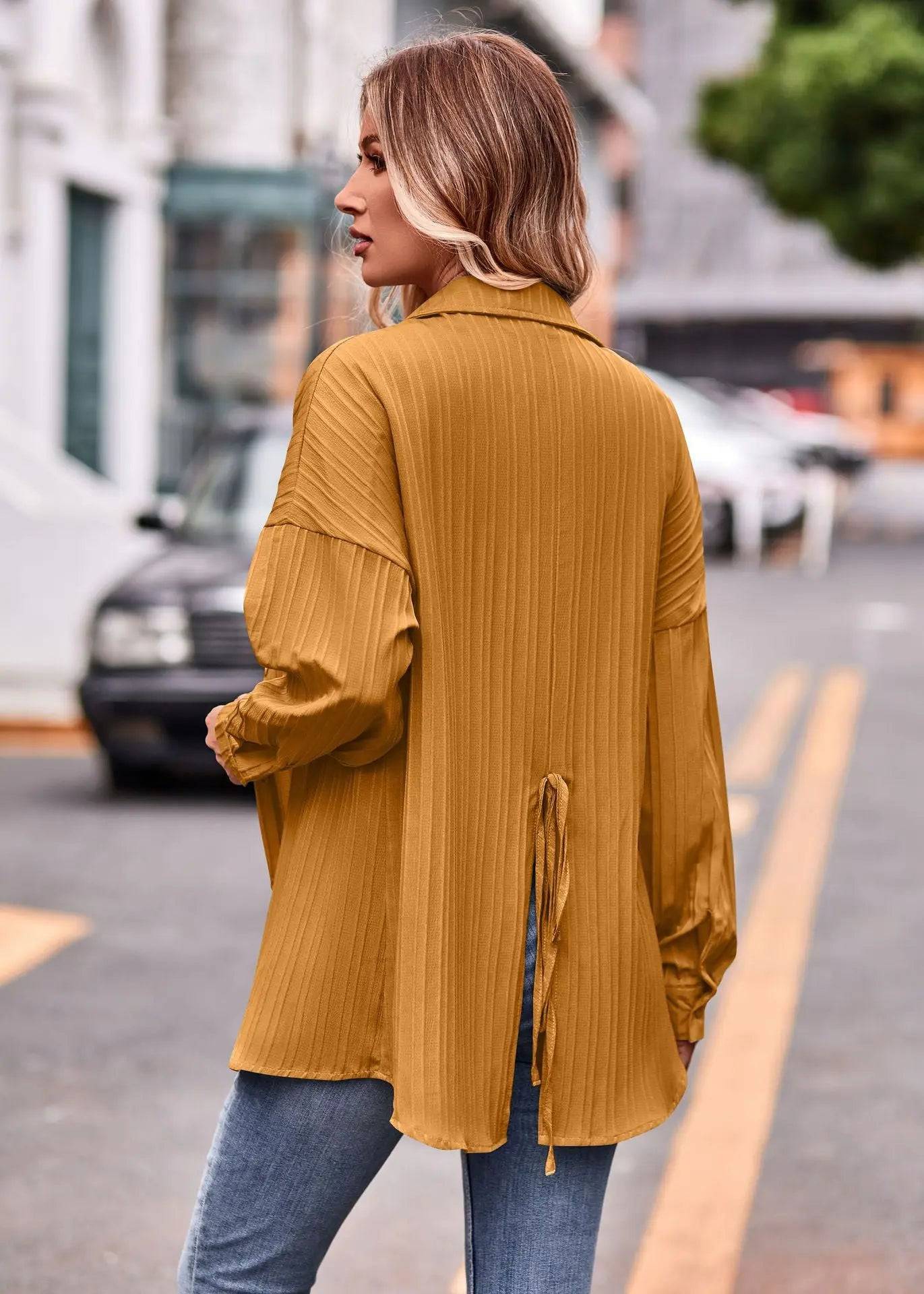 Casual Double Line Jacquard Loose Fitting Long Sleeve Shirt for Women