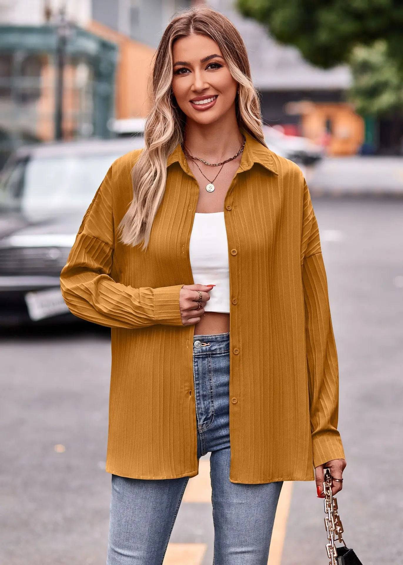 Casual Double Line Jacquard Loose Fitting Long Sleeve Shirt for Women S Yellowish Brown