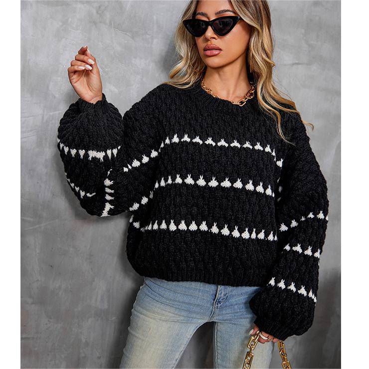 Casual Loose-Fit Geometric Lantern Sleeve Sweater for Women - Fall/Winter Jersey Outerwear