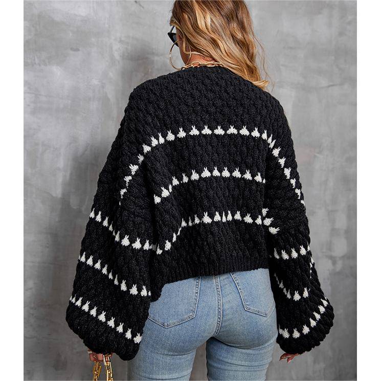 Casual Loose-Fit Geometric Lantern Sleeve Sweater for Women - Fall/Winter Jersey Outerwear