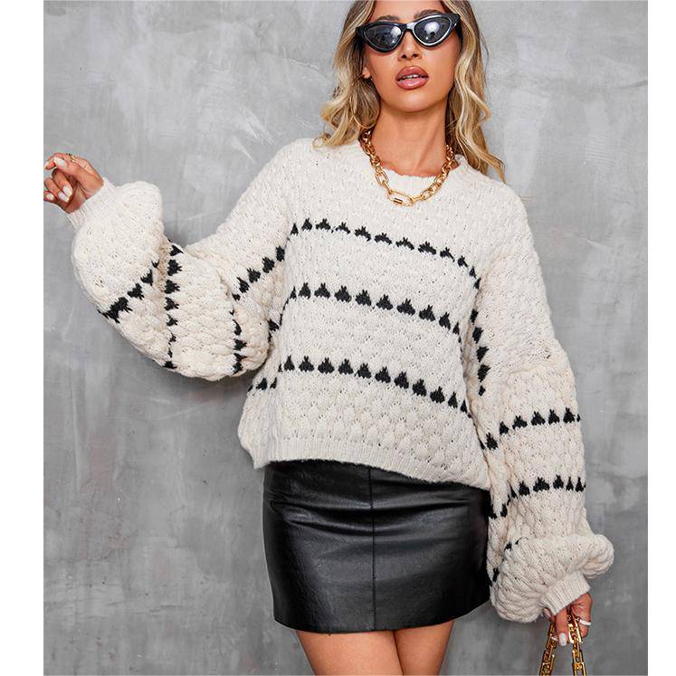 Casual Loose-Fit Geometric Lantern Sleeve Sweater for Women - Fall/Winter Jersey Outerwear