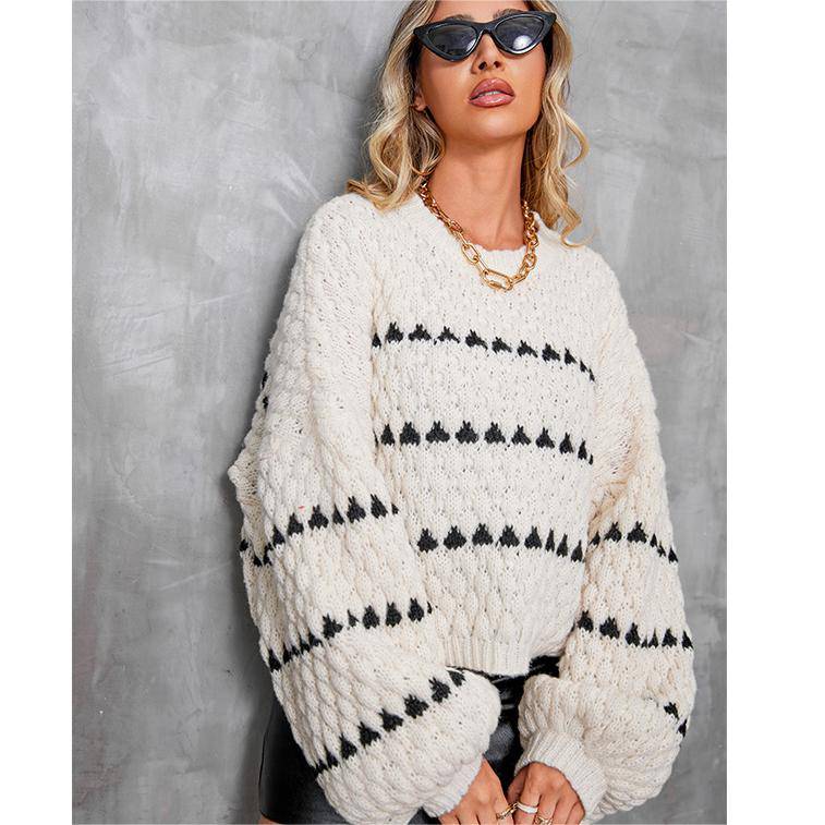 Casual Loose-Fit Geometric Lantern Sleeve Sweater for Women - Fall/Winter Jersey Outerwear