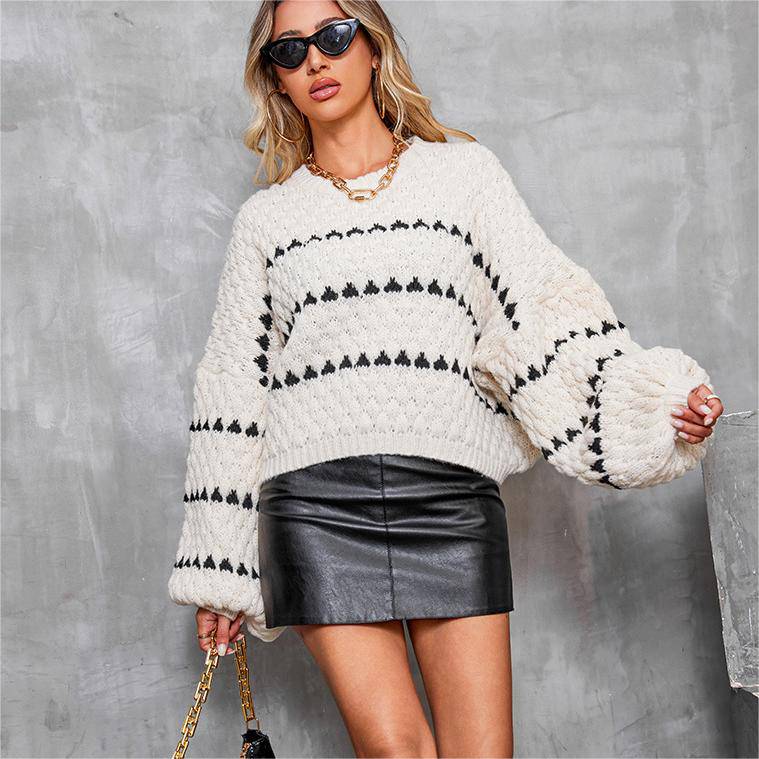 Casual Loose-Fit Geometric Lantern Sleeve Sweater for Women - Fall/Winter Jersey Outerwear One Size White