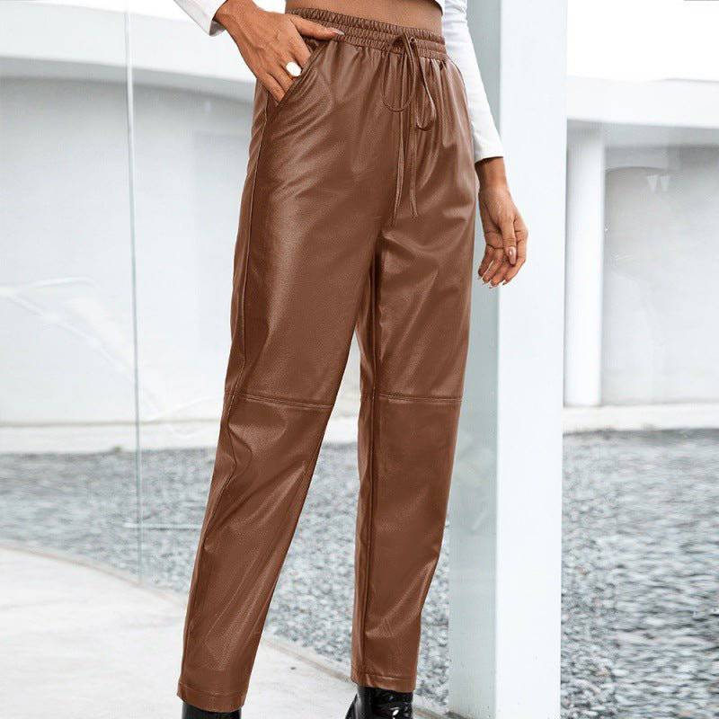 Casual Motorcycle Faux Leather Capris for Women S Brown-2