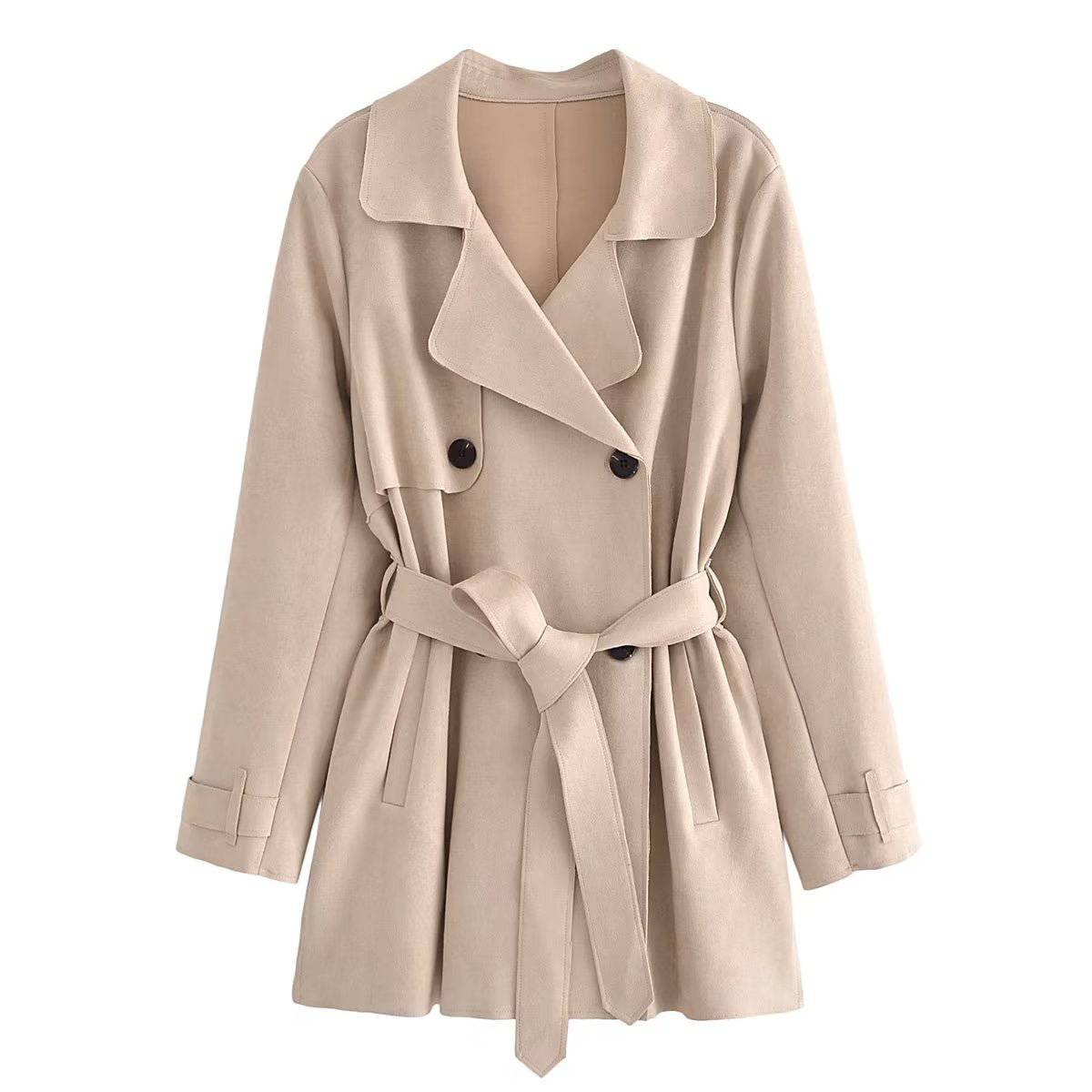 Chic and Cozy Autumn Suede Texture Trench Coat for Women XS Khaki