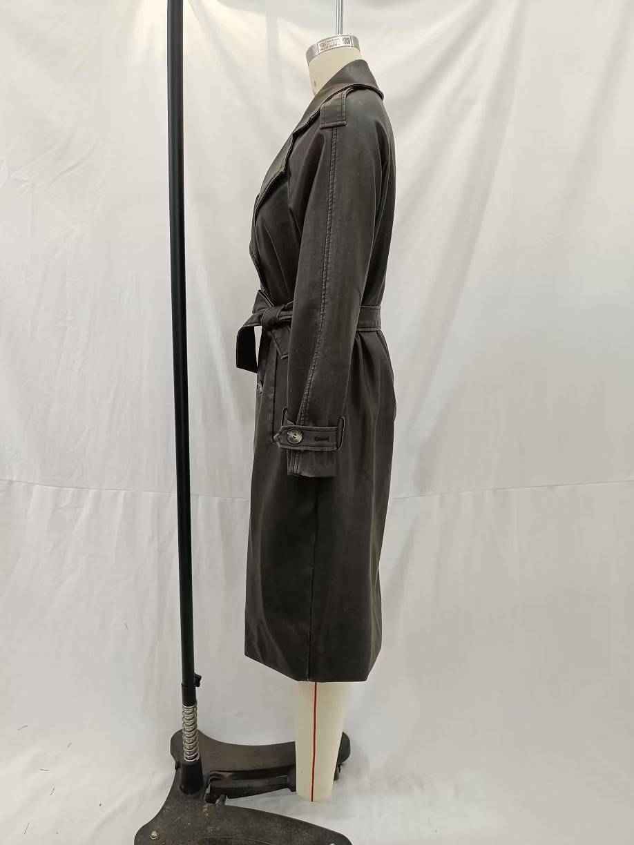 Chic Autumn Winter Women's Distressed Faux Leather Trench Coat with Bow Waist