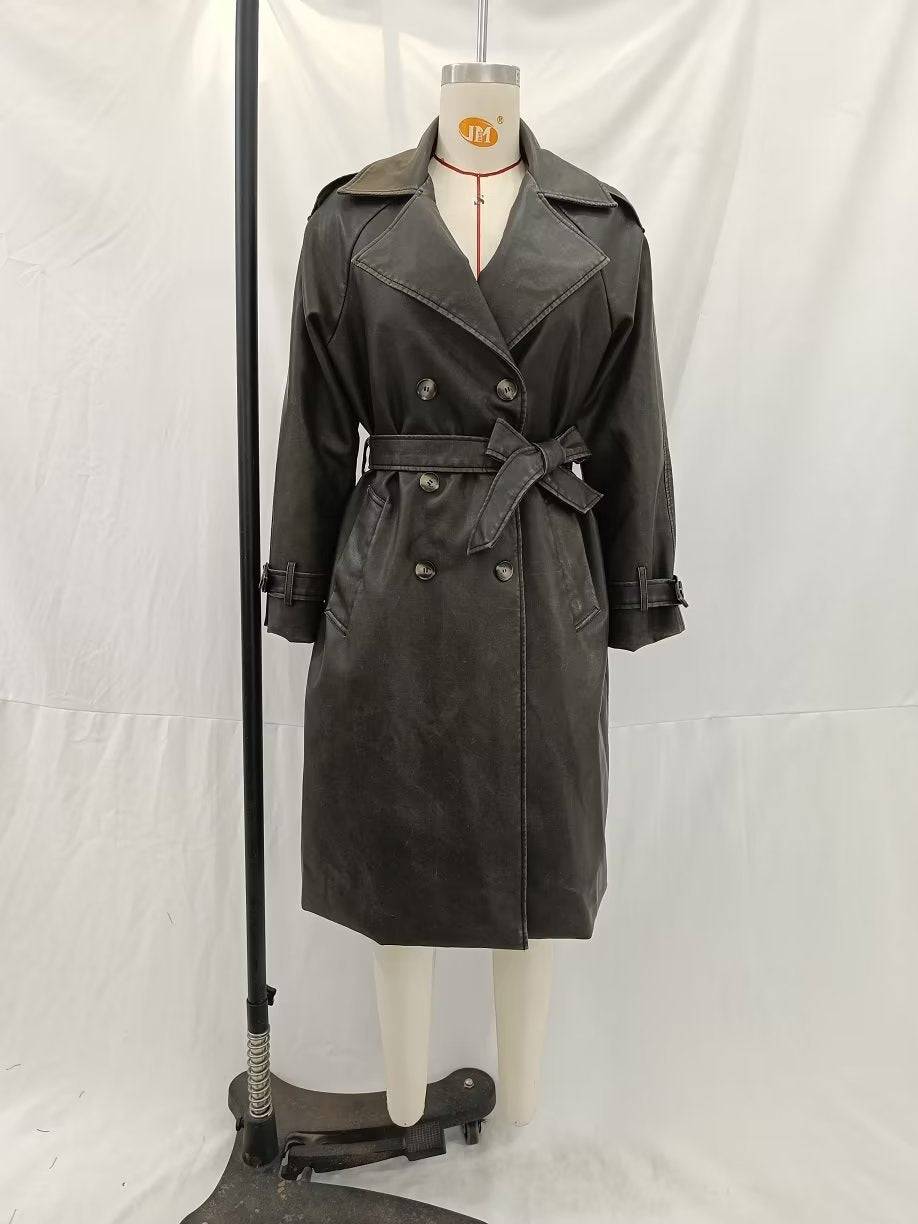 Chic Autumn Winter Women's Distressed Faux Leather Trench Coat with Bow Waist